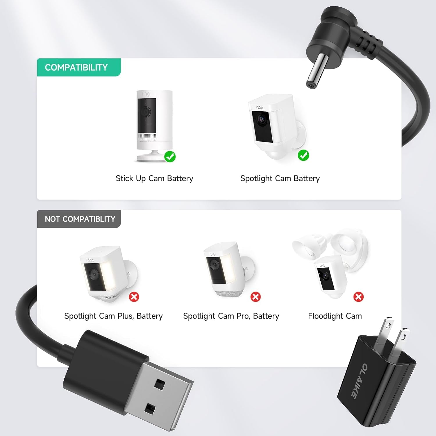 8M/26Ft Charge Cable with DC Power Adapter Compatible with Ring Stick up Cam Battery 3Rd Gen/2Nd Gen/Plug-In, Weatherproof Cable to Continuously Charge Your Camera, Black