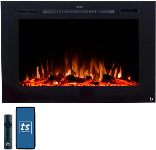 Smart Electric Fireplace-The Forte 40" Recessed Mounted-30 Realistic Ember Color/Flame Options-1,500W Heater W/Thermostat-Black-Log & Crystal Hearth Options-Alexa/Wifi Enabled
